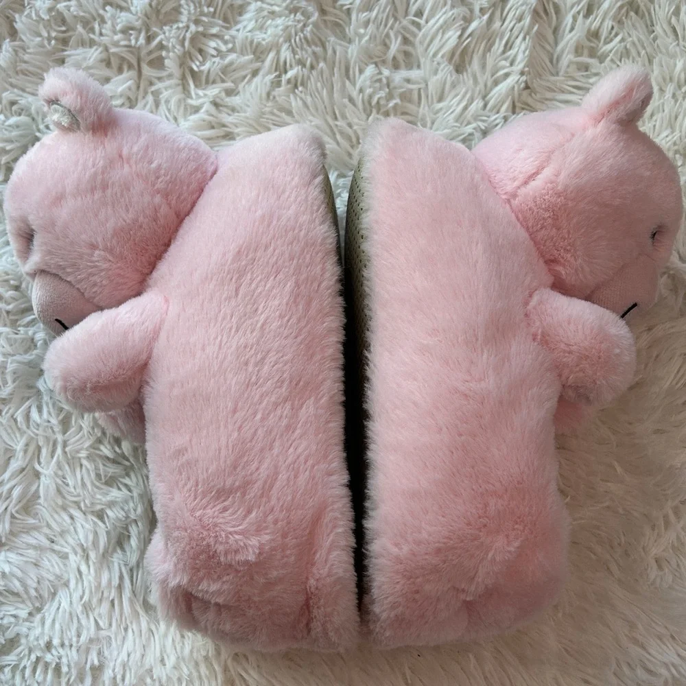 Old Navy Faux-Fur Pink Teddy Bear Critter Soft Plush Slippers for Girls XL (3-4)